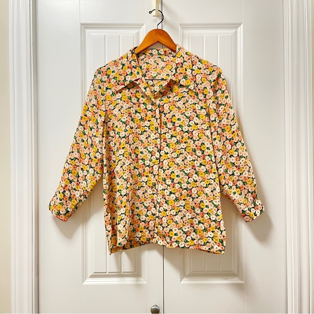 Vintage Floral Long Sleeve Button-Up Blouse Yellow